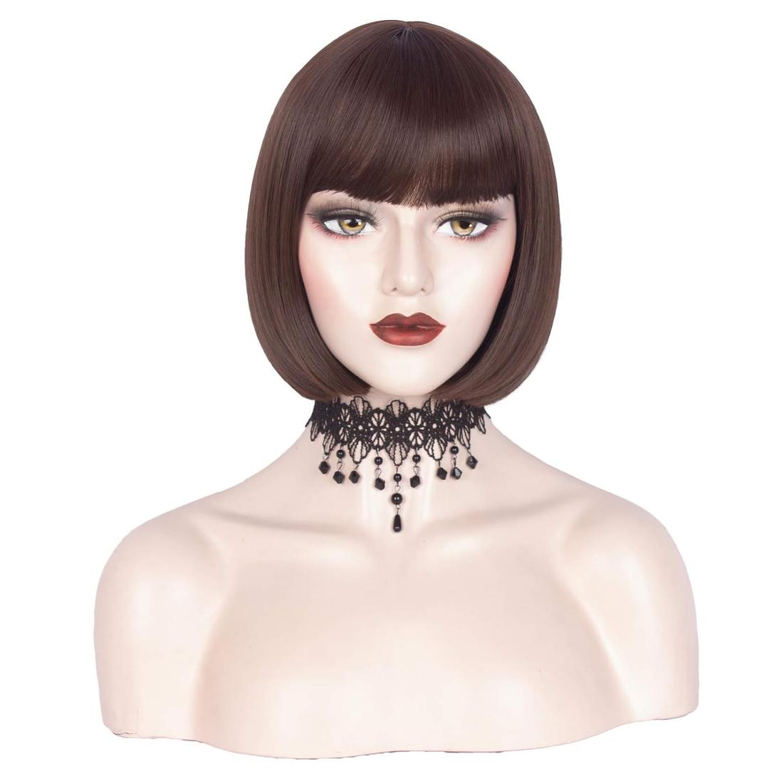 WeKen Short Brown Bob Wig with Bangs Brown Bob Wigs for Black Women White Women Daily Use Synthetic Cosplay Wigs for Women 11 Inch