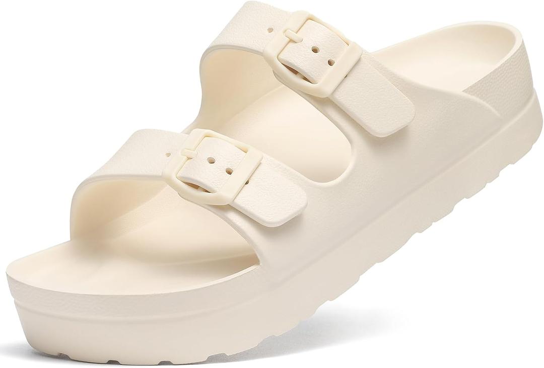 Goosecret Women's Comfortable Arch Support Walking Platform Sandals | Lightweight Chunky Slip-On Foam Slides with Adjustable Buckle, Sandals for Beach and Daily Wear (Beige, 40)