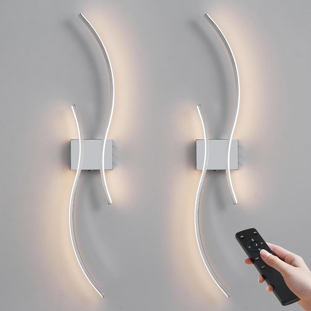Battery Operated Wall Sconces Set of Two with Remote Control, Battery Wall Light, Stepless Colors 3000K-6000K & Dimming, Chrome Rechargeable Wall Sconces for Living Room, Hallway, Bedroom, 39.3 Inch