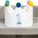 1st Birthday Crown with Number 1 Pom Poms-Baby Boy Girl First Birthday Hat for Photo Props, Smash Cake Photography, Milestone Celebration Decor (White & Blue)