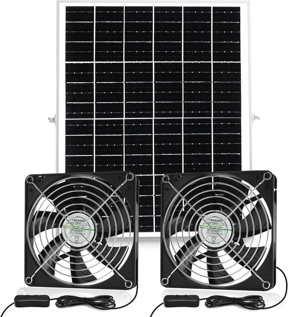 IP67 Waterproof Solar Dual Fan Kit for outside Chicken Coop, 25W Solar Panel Powered for Greenhouse Shed, 2 Way Air-flow Intake or Exhaust 5.5" Bigger Two Fan Kit with 15FT Cord
