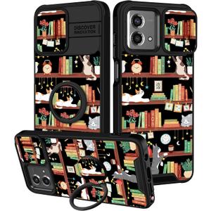 For Moto G Stylus 5G 2023 Case - Women Girls Cute Phone Cover Girly Pretty Aesthetic Cat and Books Unique Design with Camera Cover and Ring Stand Funda for Motorola G Stylus 5G 2023