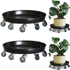 Rolling Planter Caddy(430lbs Capacity), Heavy Duty Metal Plant Stand with Brake Wheels Plant Dolly Mover Plant Pot Tray Saucer for Indoor Outdoor 16 Inches Black 2Pack