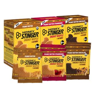 Honey Stinger Organic Peanut Butter Energy Waffle Variety Pack, 6 Pack Each of Peanut Butter, PB Chocolate and PB Strawberry, Nutritious Stroopwafel Snack for Exercise, Endurance and Performance, Best By: 06-05-2026