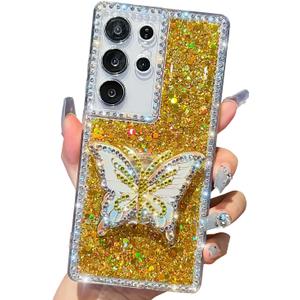Cute Compatible with Samsung Galaxy S23 Ultra 6.8 inch Girly Case, Bling Glitter Diamond Butterfly Kickstand Case, Soft Silicone Cases for Women(Gold)