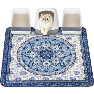 Cat Litter Mat, Reusable Kitty Litter Trapping Mat 2 PCs, 24"x18" Washable Litter Mats for Cats, Waterproof & Non-Slip Compatible with Cat Box (Indigo Blue Medallion, 24"x18"(2 PCS))