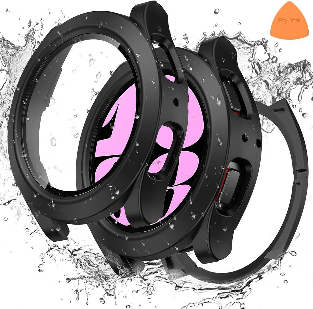 [2 in 1] Goton Waterproof Case for Samsung Galaxy Watch 7 6 5 4 FE 44mm 40mm, 360 Protective Hard PC Front & Back Bumper with Tempered Glass Screen Protector for Galaxy Watch Cover 6 44mm (Black)