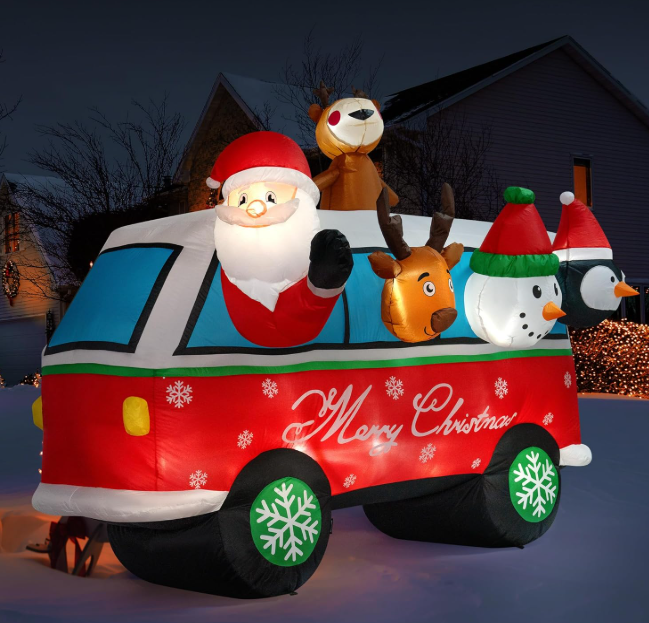 VIVOHOME 8FT Christmas Inflatable Outdoor Decoration, Santa on Bus, Navidad Blow Up Yard Decor with Built-in LED Light for Lawn, Garden, Party