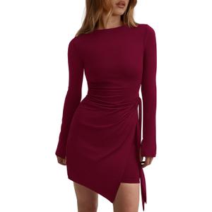 PRETTYGARDEN Women 2025 Mini Bodycon Dresses Long Sleeve Ruched Fitted Short Night Out Trendy Party Club Outfits Fall Clothes (Red, L)