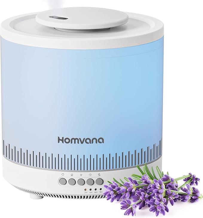 Homvana Small Humidifiers for Bedroom, 1.8L Cool Mist Top Fill Humidifier for Baby Nursery, Essential Oil Diffuser, 3 in 1 for Home Plants Offices and Grow Tents, 7 Color Nightstand Light, Ultrasonic