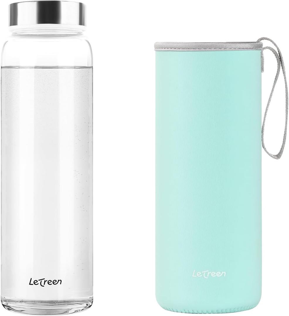 Glass Water Bottle 32 oz, Borosilicate Wide Mouth Glass Water Bottle with Neoprene Sleeve, BPA-Free Leak Proof Reusable for Hot Cold Drinks, Work, Gym, Home, 1 Pack