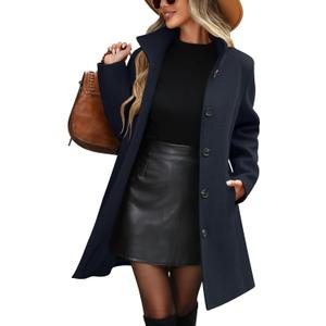 Women's Winter Single Breasted Pea Coat Casual Stand Collar Overcoat Work Office Classic Jacket with Pockets(Navy Blue, S)