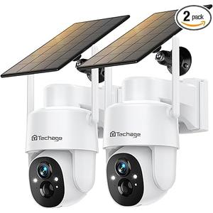 Solar Security Cameras Wireless Outdoor, 2K WiFi Cameras for Home Security, 360° PTZ Surveillance Camera with PIR, Color Night Vision, 2-Way Talk, IP66 Waterproof, SD/Cloud, Work with Alexa (2 Pack)