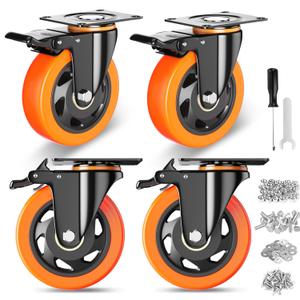 4 Inch Caster Wheels, Casters Set of 4, Heavy Duty Casters with Brake 2200 Lbs, Locking Industrial Swivel Top Plate Casters Wheels for Furniture and Workbench Cart, Orange (Two Hardware Kits Include)