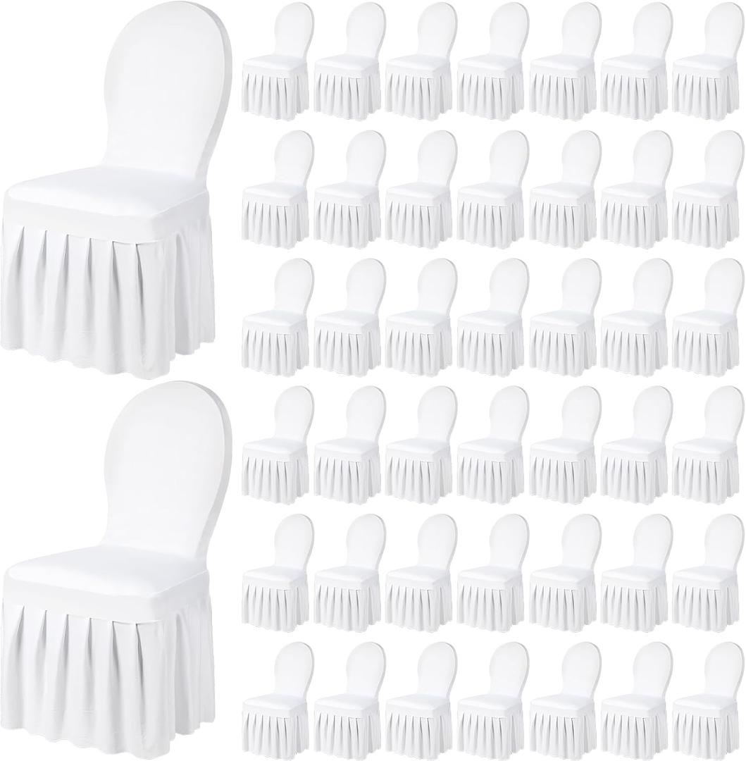 Oudain Chair Slip Covers with Skirt Wedding Long Stretch Spandex Dining Chair Cover Protectors Removable and Washable for Hotel and Wedding Ceremony(White,50 Pieces)