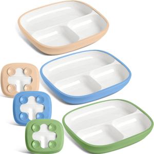 Domensi 3 Set Kids Porcelain Plates with Silicone Sleeves 8.2 Inch Divided Porcelain Plate Toddler White Suction Dishes for Baby Troubleless Eating Microwave Dishwasher Safe (Vivid)