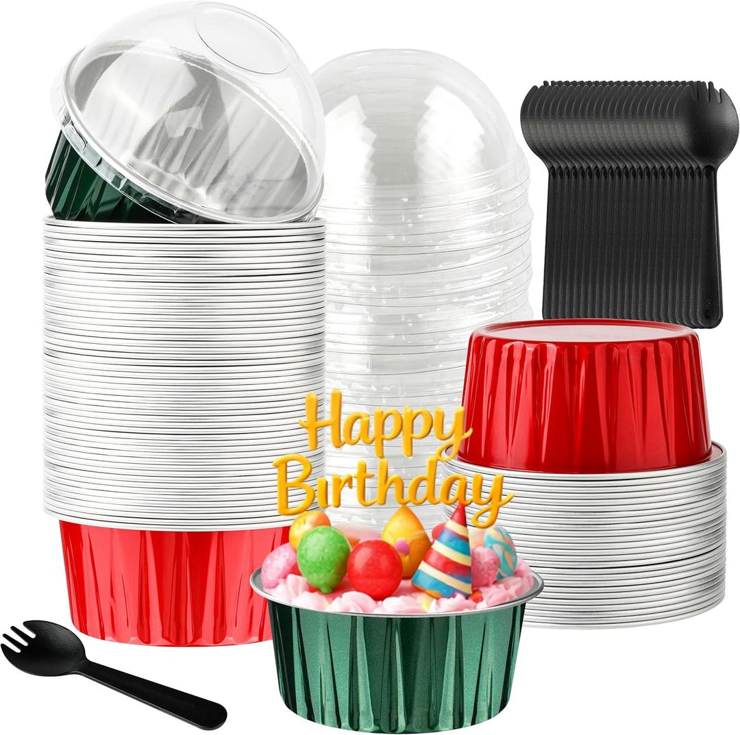 Aluminum Pans With Lids, BAKINGPAK 50PCS 4OZ Disposable Baking Cups Foil Ramekins Cupcake Liners Mini Cake Pans With Lids for New Year Party Birthday, Red and Green