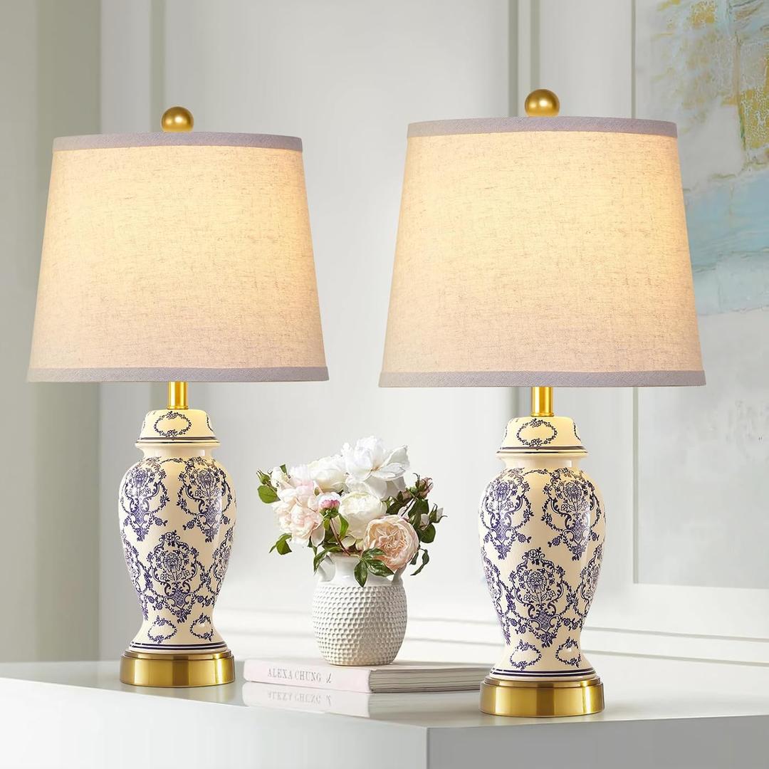 Chinoiserie Ceramic Small Table Lamps Set of 2 for Living Room Bedroom Bedside, Traditional Beige and Blue Porcelain Classic Table Lamp for Nightstand Entryway, 2 LED Bulbs Included