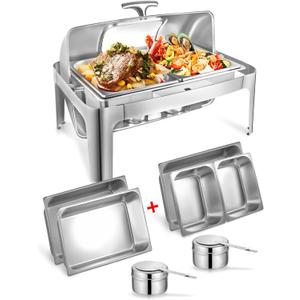 13QT Roll Top Chafing Dishes for Buffet: Catering Food Warmer for Parties, Birthday, Wedding, Christmas, 1 Full Size & 2 Half-Size Chafing Server Dish, 1 Water Pan-Glass Window