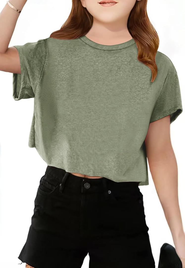 Girls Short Sleeve Crop Tops Kids Fashion Athletic Crew Neck Cropped T Shirts Casual Basic Tees