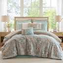 510 DESIGN Luxe Quilted Comforter Set Modern Transitional Design, All Season Down Alternative Warm Bedding Matching Shams, Bedskirt, Decorative Pillow, King, Shawnee Scrollwork Seafoam