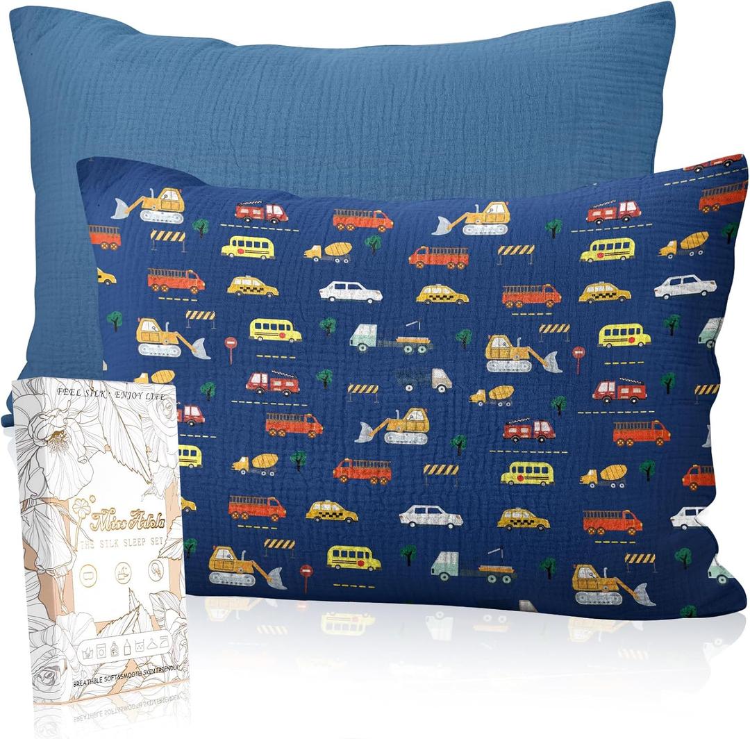 Muslin Toddler Pillowcase Set of 2-13x18 Cotton Toddler Pillow Cases with Envelope Closure Cute Cartoon Soft Breathable Kids Pillowcases for Baby Boys Girls, Car & Navy Blue