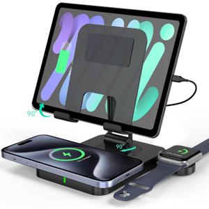 3 in 1 Wireless Charger for Apple Charging Station for iPhone Mag Safe Charger for iPhone 16 Pro Max/ 15/ 14/ 13/ 12, Foldable Watch for Apple Watch 10/ 9, Rotating Stand for iPad Charging Station (Black)