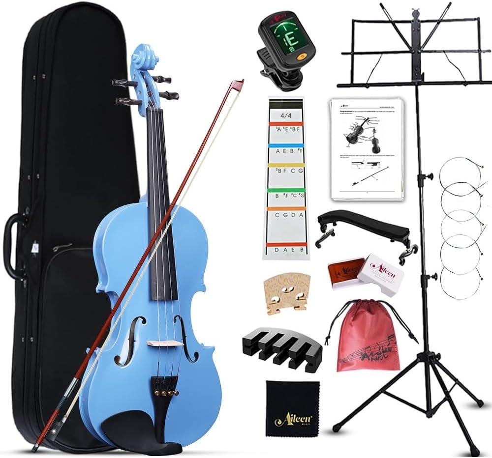 Aileen Violin 4/4 Full Size for Adults Beginners, Blue Fiddle Starter Kit for Students Age 12+, including Music Stand, Unique New Fingerboard Sticker, Mute