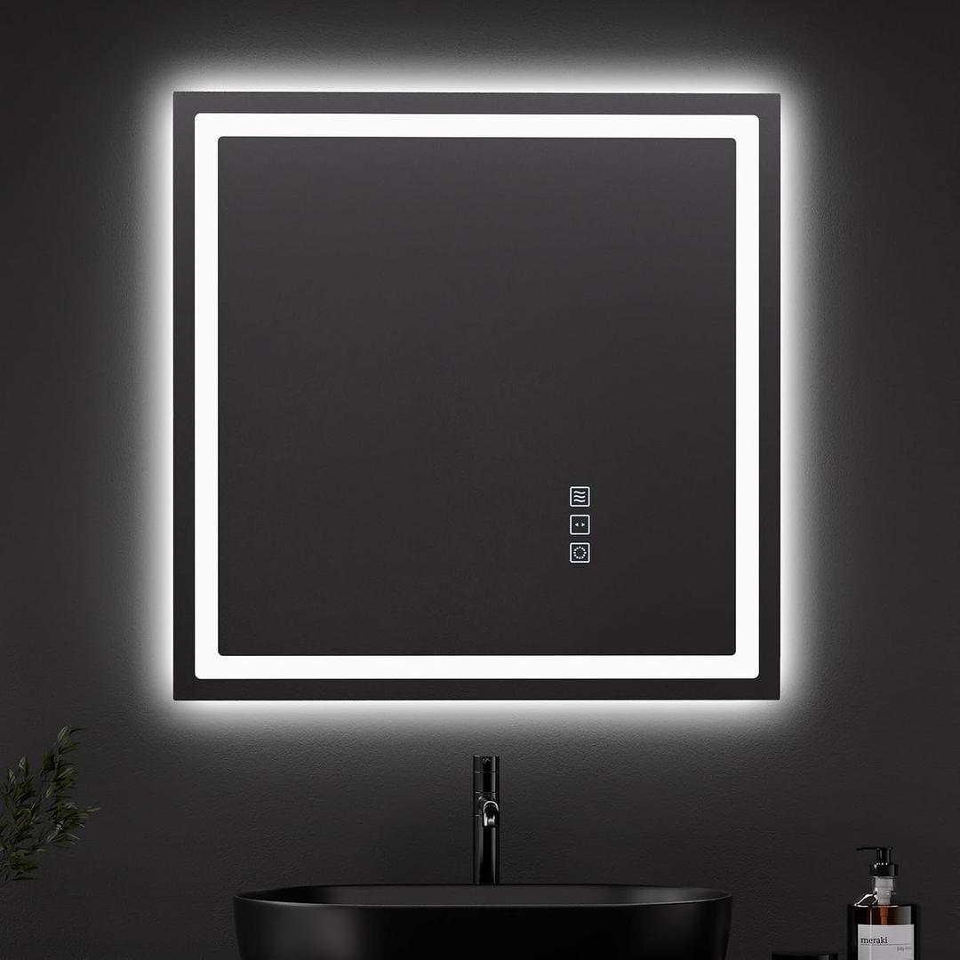 QAOYEDE LED Bathroom Mirror, 22"x22" Square Vanity Mirror with Lights, Memory Function, Horizontal Vertical Wall Mount, Adjustable Warm White/Natural/Daylight Lights, Plug-in or Hardwired