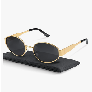 livho Retro Polarized Sunglasses - UV400 Protection, Oval Shape, Metal Frames - Matching Soft Case Inlcuded