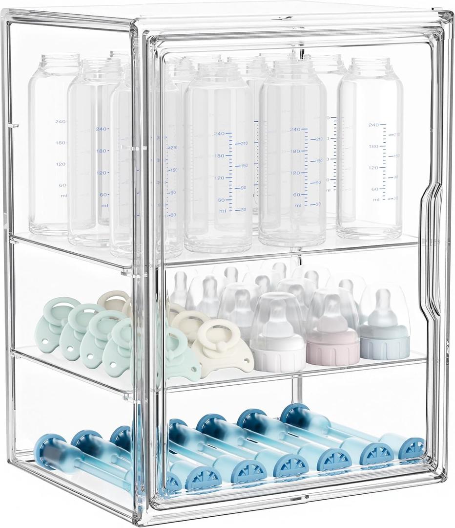 HBlife Baby Bottle Storage Organizer for Countertop Cabinet, 3 Tiers Adjustable Clear Acrylic Bottles Storage Station Case Box Container with 2 Removable Dividers and Magnetic Door, Large