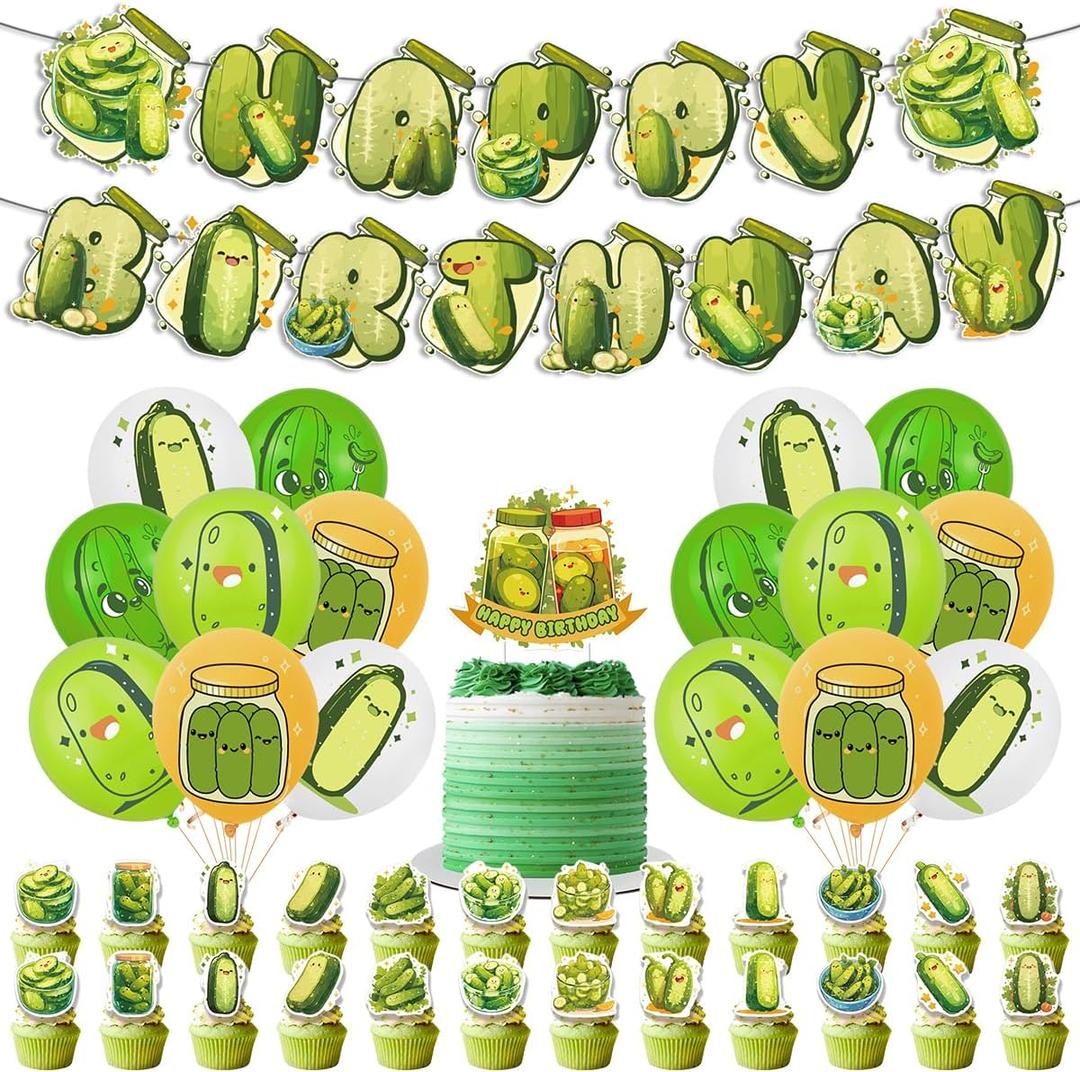 44pcs Funny Pickle Decorations Banners Ballon Cupcake Toppers,Funny Cucumber Vegetable Party Supplies