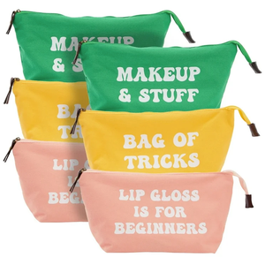 6 Pack Small Cosmetic Canvas Makeup Bags for Women with Zipper, 3 Colors and Designs (8 x 4 x 6 In)