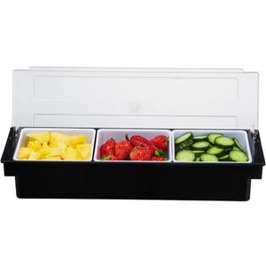 Ice Cooled Condiment Serving Container-3 Compartment Chilled Garnish Tray Bar Caddy with Hinged Lid (3 Compartments)