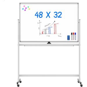 Maxtek Rolling White Board on Wheels 48x32 inch Double Side Magnetic Dry Erase Board with Stand, Aluminum Frame Easel Mobile Standing Whiteboard for Office, Classroom & Home (Silver Frame)