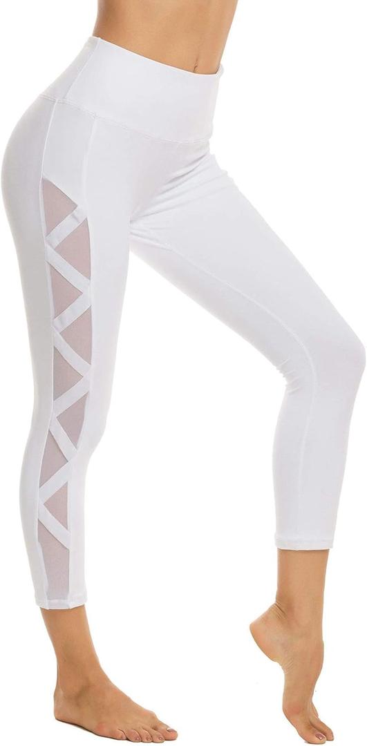 Romansong Women's Mesh Leggings Yoga Pants with Pocket, Non See-Through Capri High Waisted Tummy Control 4 Way Stretch (Medium) White