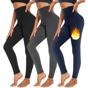 3 Pack Fleece Lined Leggings Women High Waisted Warm Winter Yoga Pants for Women Thermal Running Workout Leggings (Large-X-Large, B-3Pack Black/Grey/Navy)