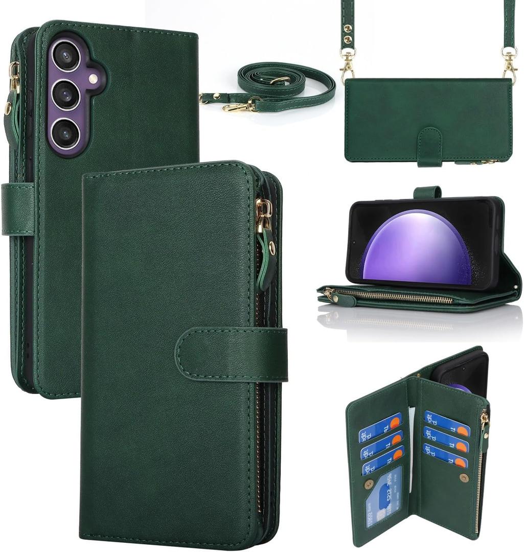 iCoverCase for Samsung Galaxy S23 FE Wallet Case with Card Holder, Kickstand Feature PU Leather Case with Adjustable Crossbody Lanyard Magnetic Clasp Zipper Pocket Flip Cover (Green)