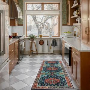 WILLSUN Washable Area Rugs, 2x6 Non-Slip Boho Area Rugs for Kitchen, Living Room, Bedroom, Machine Washable Vintage Rug, Indoor Floral Print Carpet for Home Decor, Kid & Pet Friendly Mat (Brick Red)