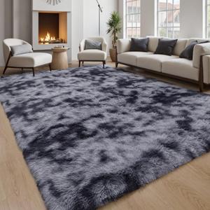 Grey Fluffy 9x12 Large Area Rugs for Bedroom Living Room,Tie-Dye Dark Gray Soft Washable Shag Carpet for Kids Room, Nursery, Dorm Decor, Colorful Cute Plush Fuzzy Rugs for Baby Toddler