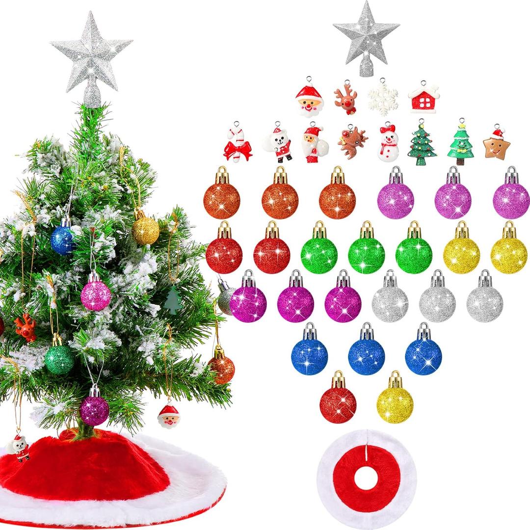 Skylety 38 Pieces Mini Christmas Tree Ornaments Set Small Multicolor Resin Glitter Ball Ornaments Miniature Tree Skirt Star Topper Decorations for Xmas Holiday Decor(Silver Star,Classic)