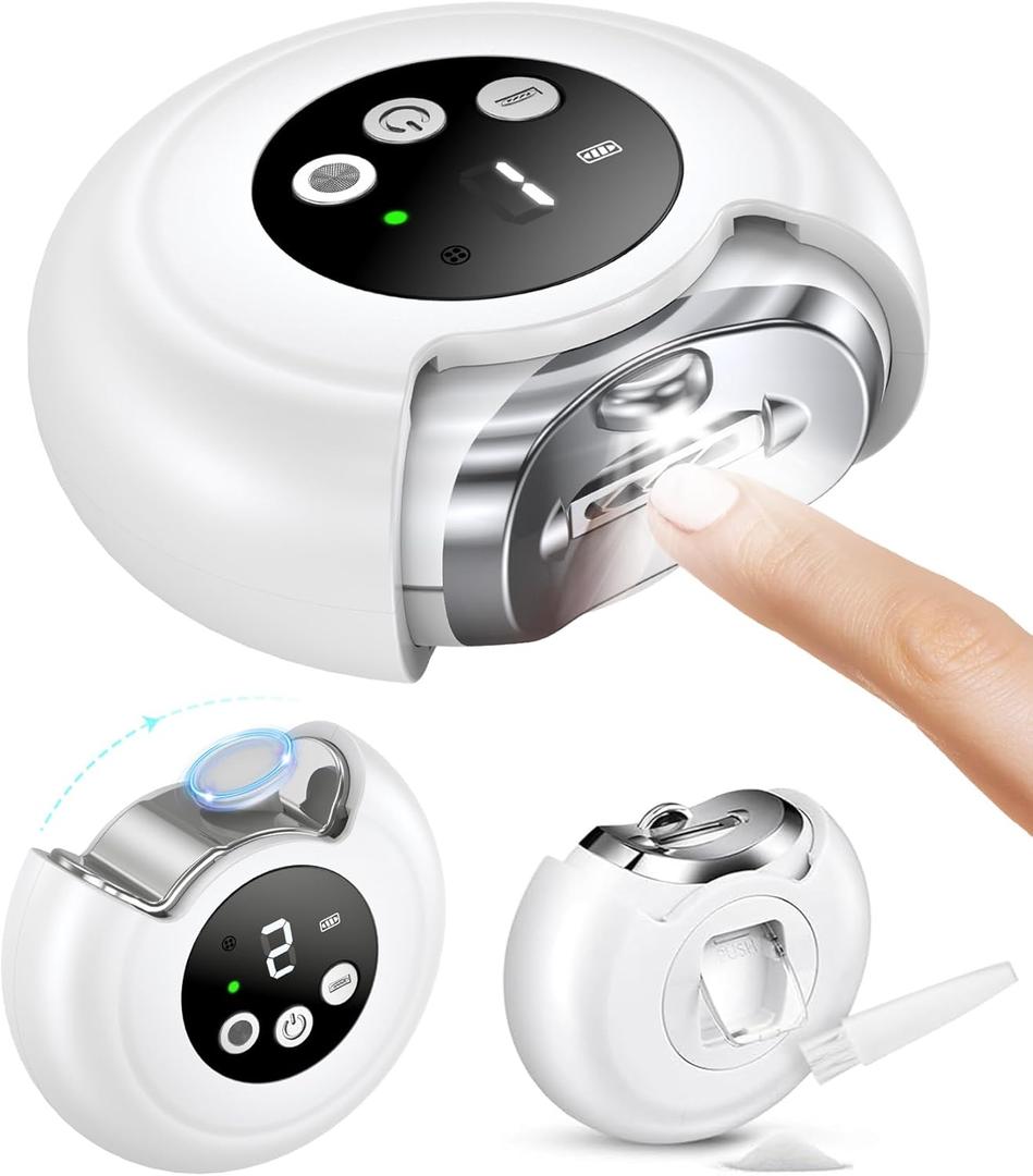 Electric Nail Clippers for All Ages, Rechargeable Safety Grinder, Pinch-Free Auto Trimmer with Debris Catcher, 3-Speeds Nail File and Polisher with LED Light, Quiet Care for Baby, Seniors and Adults