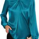 GRACE KARIN Women's Long Sleeve Satin Blouse,Mock Neck Work Silk Shirts,Dressy Tops for Business Casual Office (Medium, Peacock Blue)