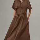 Yeokou Shirt Dress for Women Summer Casual Short Sleeve Button Down Loose Pleated Maxi Sundress with Pockets (Brown, XS)