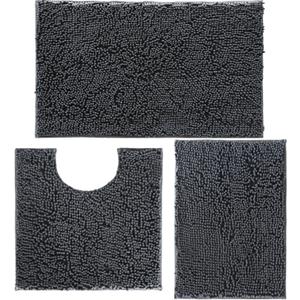 Bathroom Rugs Set Non Slip 3 Piece Bath Mat Washable Chenille Bath Rugs with PVC Backing Bath Carpet,Absorbent Bathroom Mats with Toilet Rug,Bath Mats for Bathroom,Bedroom, Kitchen,Tub,Home Decor (Charcoal Grey)