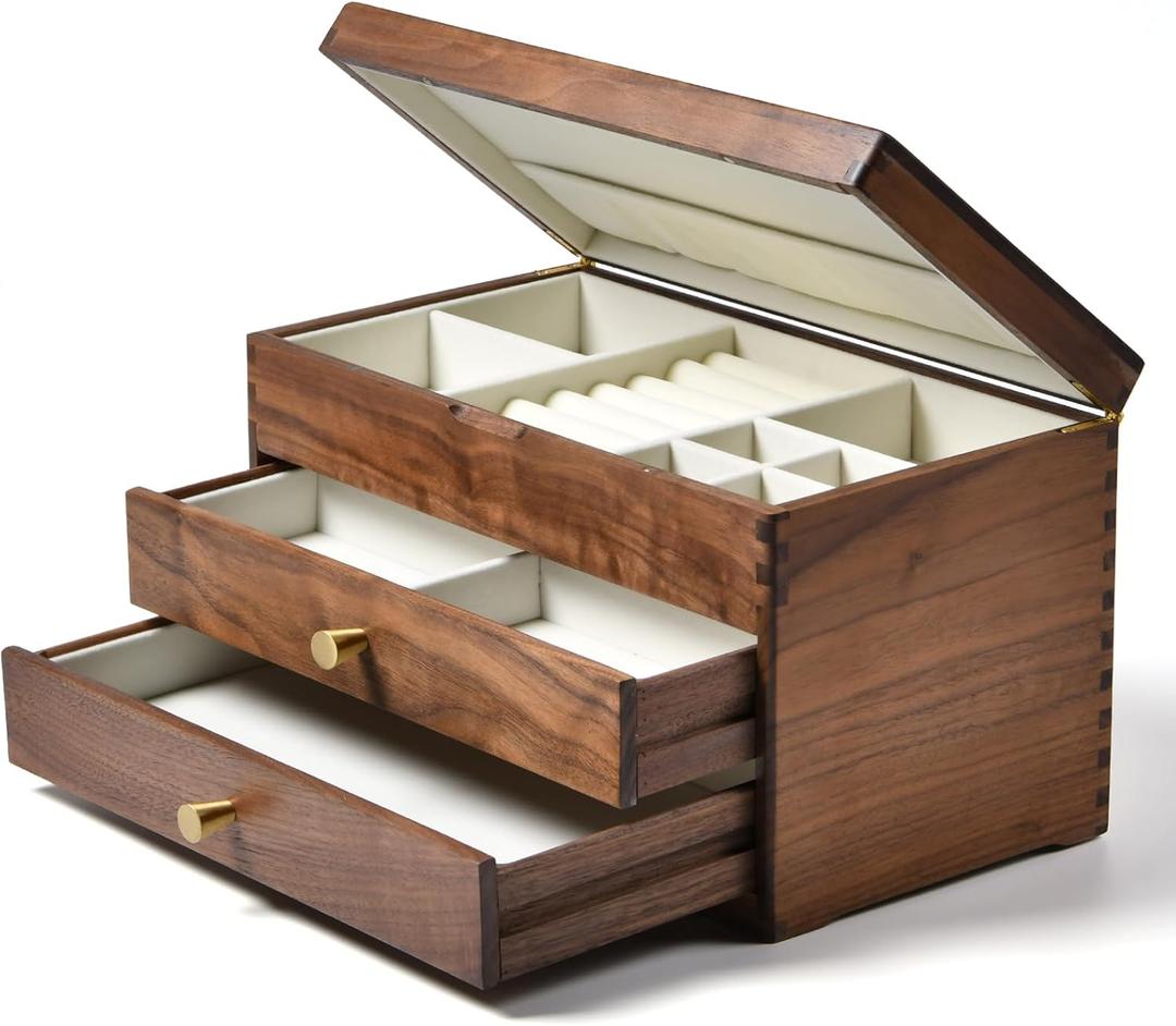 Beexchange Black Walnut Wooden Jewelry Box - Allwood, Handcrafted, Classic Jewelry Box. Jewelry boxes & organizers for Women, Men, and Girls.(Triple-Layer)