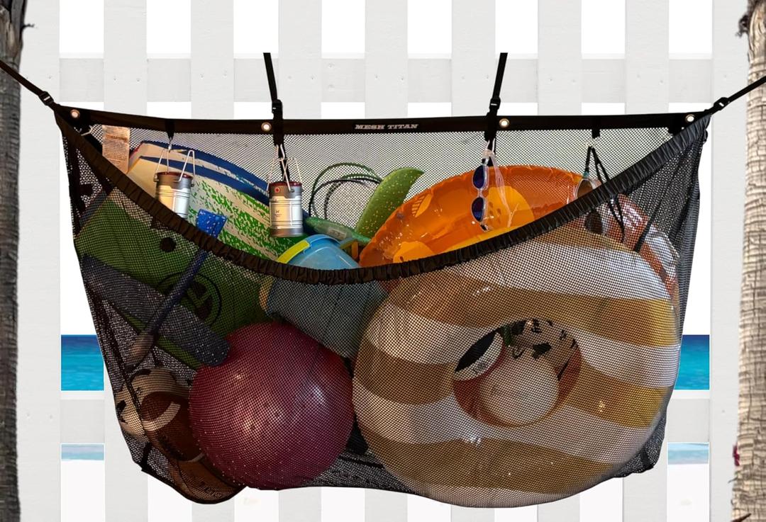 Campsite and Pool Organizer - Extra-Large Anti-Sag Outdoor Storage Bag with Reinforced Mesh Net for Camping and Beach Gear with Accessory Hooks and Extended Straps