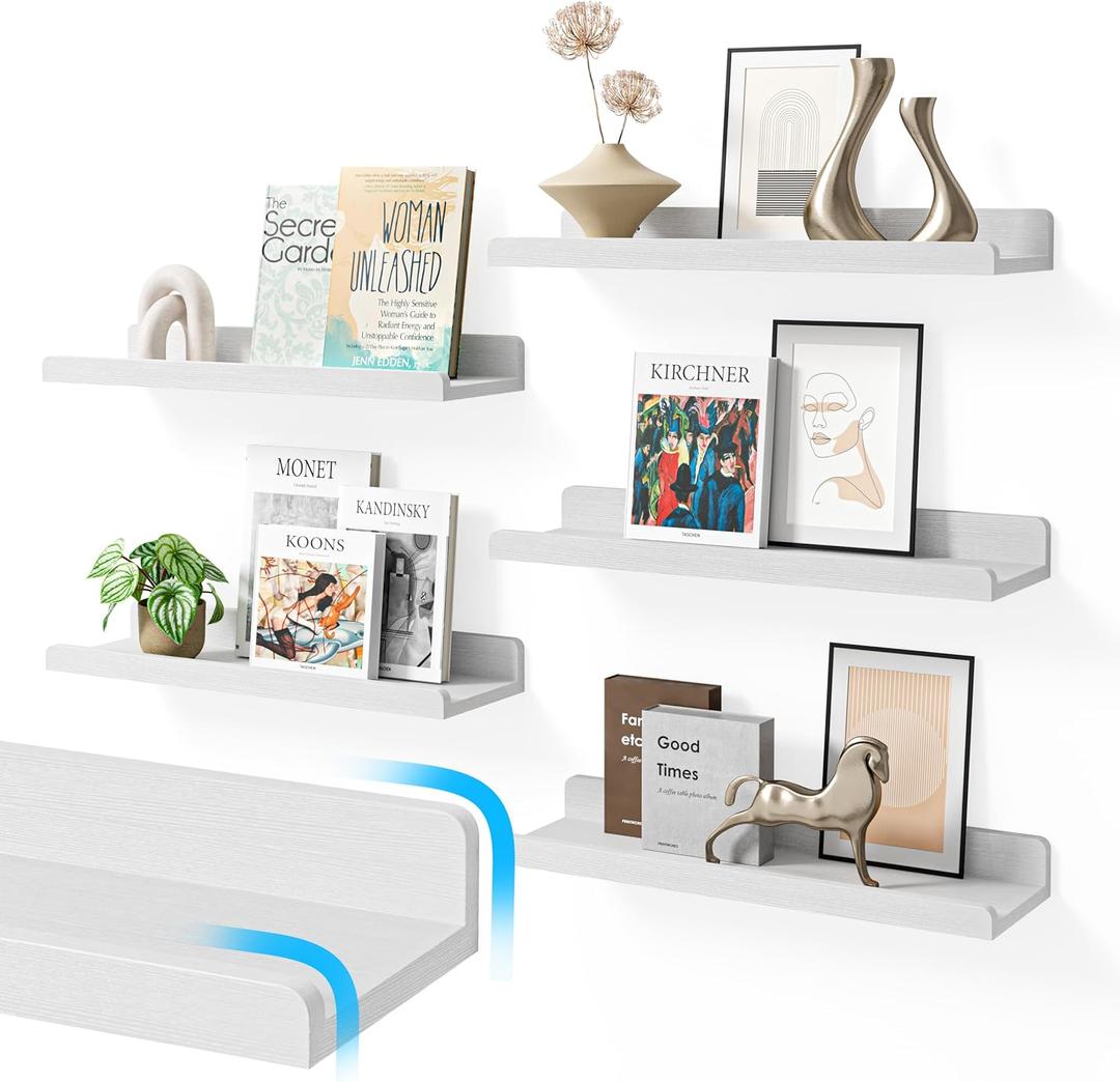 YUFLINX 16White Floating Shelves for Wall with Anti-Crash Design Set of 6,Nursery Book Shelves for Room Decor/Storage/Display,Hanging Wall Shelves for Bedroom, Bathroom, Living Room,Kids Room