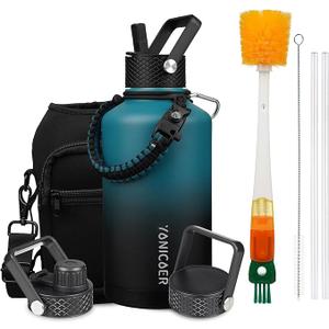 Insulated Water Bottle 64oz,Triple Wall Vacuum Stainless Steel(Dishwasher Safe),Leak Proof & Non-BPA,Flask Jug with Paracord Handle & Straw Spout Lids Sports Gradient indigo blue/black