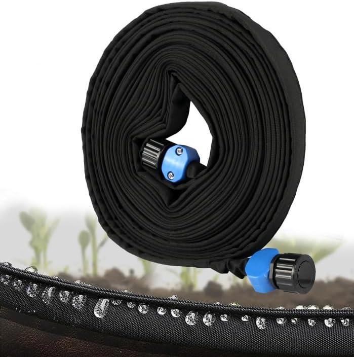 Hoofun Flat Soaker Hose 50 ft for Garden Beds, 50ft 1/2" Linkable Consistent Drip Irrigation Hose Save 80% Water, Leakproof Heavy Duty Double Layer Sprinkler Hose Black (75Ft)